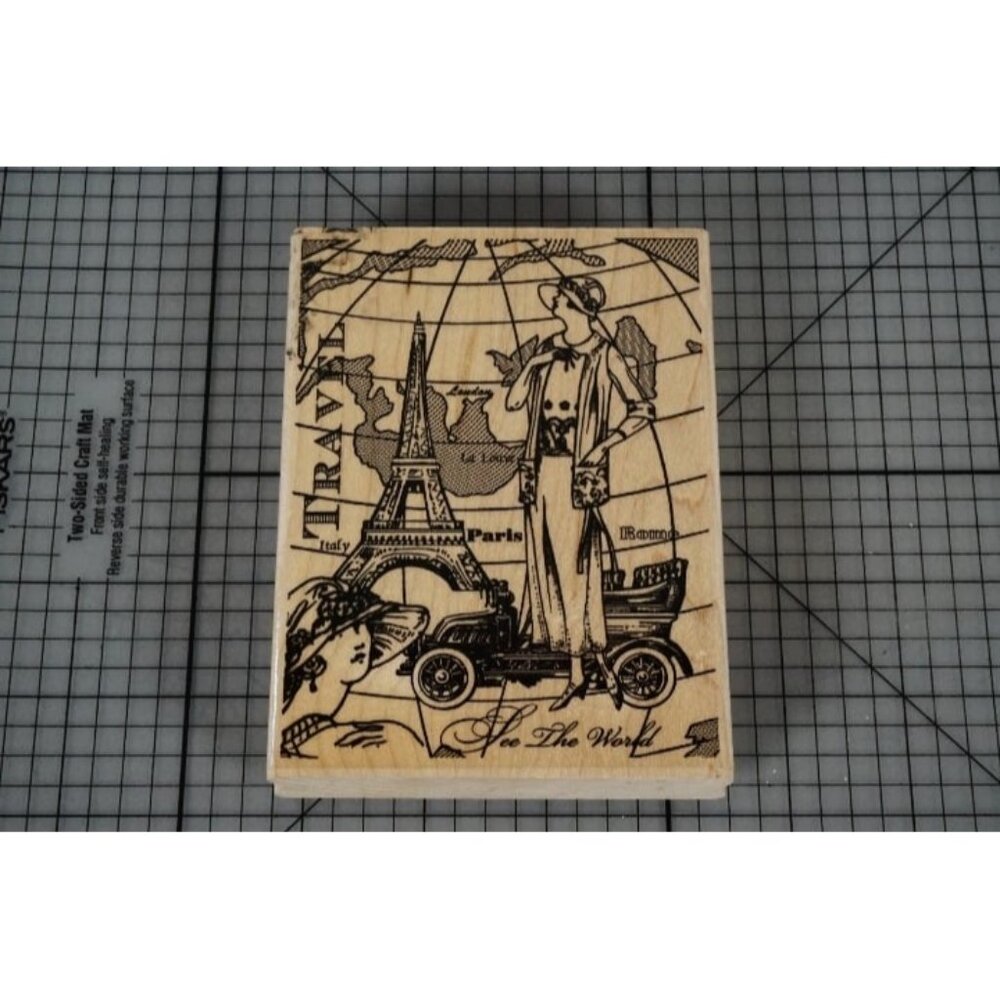 Stampabilities "See The World" Rubber Stamp OR1009 Paris Travel Large Wood Mount